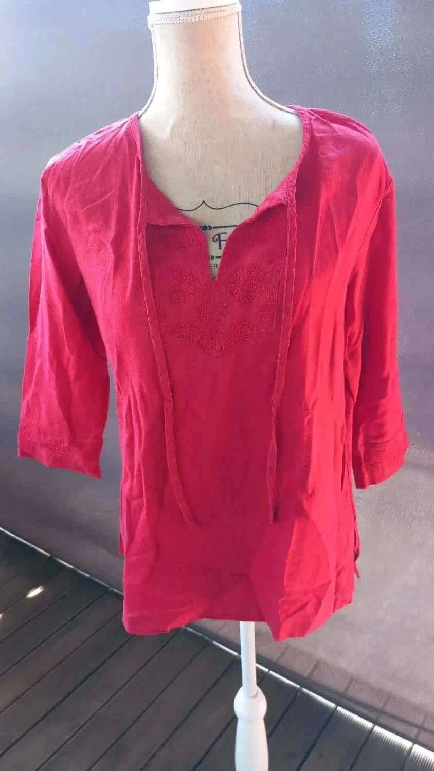 🌺 Tunique Bohème 100% Lin Rouge Éclatant – Taille 40 – taille L / 40 / 12 2