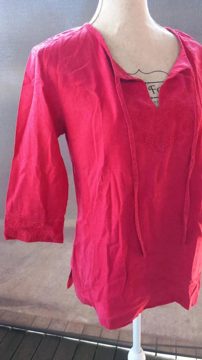 🌺 Tunique Bohème 100% Lin Rouge Éclatant – Taille 40 – taille L / 40 / 12 3