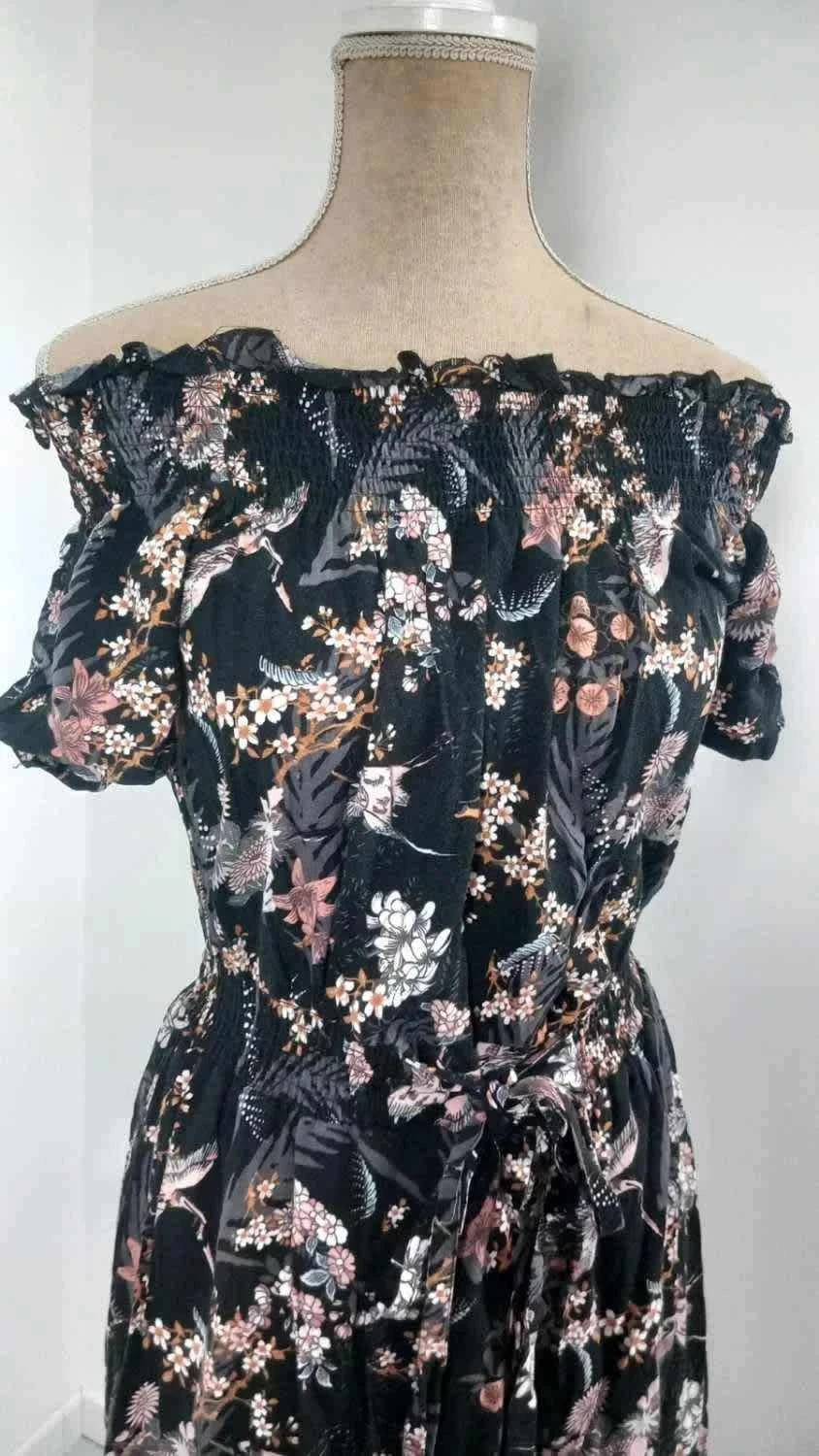 Robe Fleurie GÉMO Noire Style Bohème - Taille 36 (S) - Épaules Dénudées - État Impeccable – Gémo – taille S / 36 / 8 2