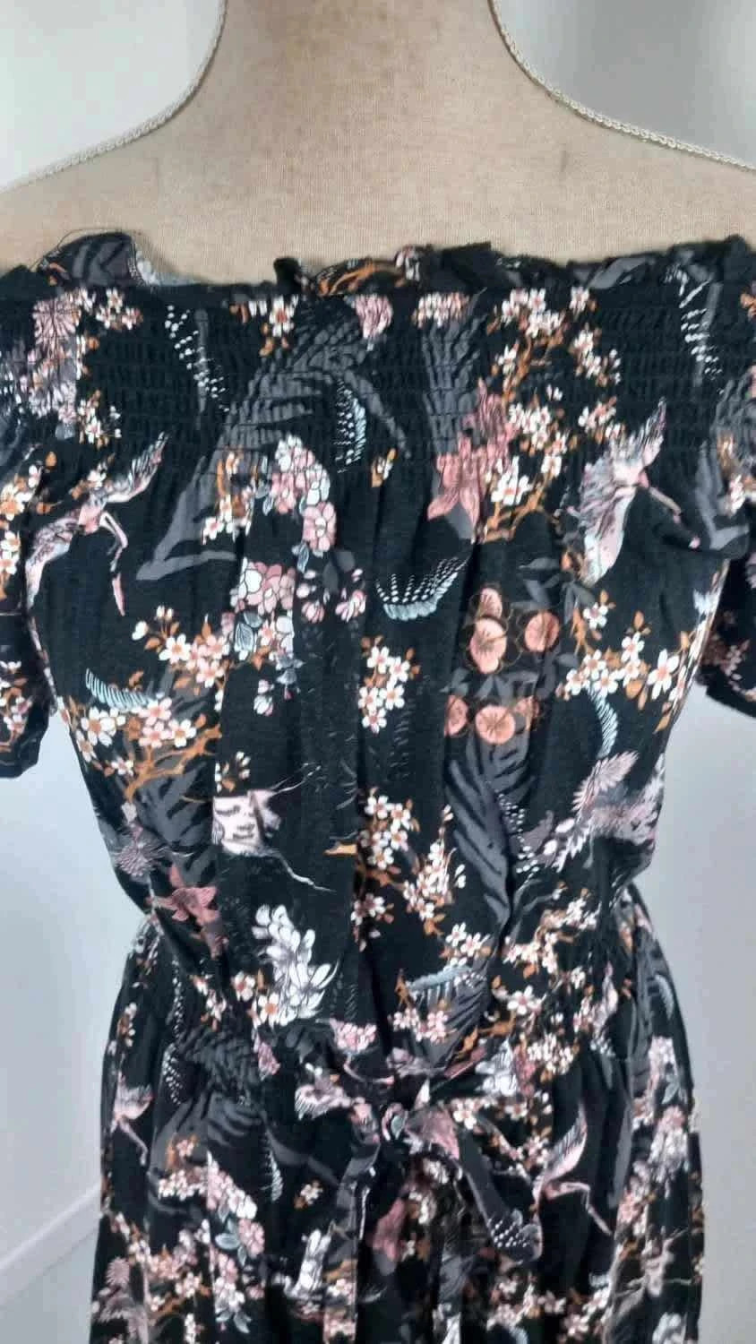 Robe Fleurie GÉMO Noire Style Bohème - Taille 36 (S) - Épaules Dénudées - État Impeccable – Gémo – taille S / 36 / 8 3