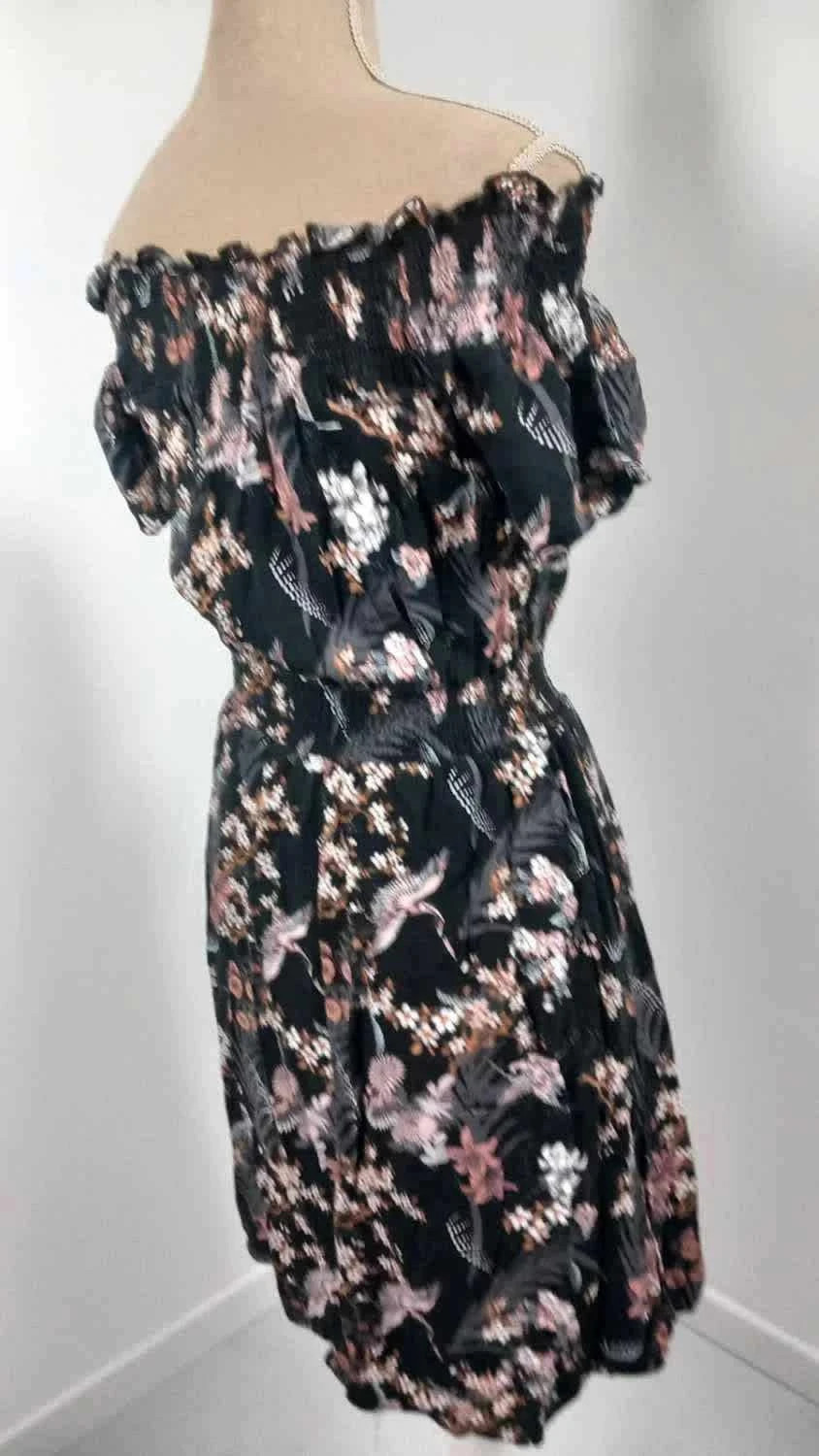 Robe Fleurie GÉMO Noire Style Bohème - Taille 36 (S) - Épaules Dénudées - État Impeccable – Gémo – taille S / 36 / 8 5
