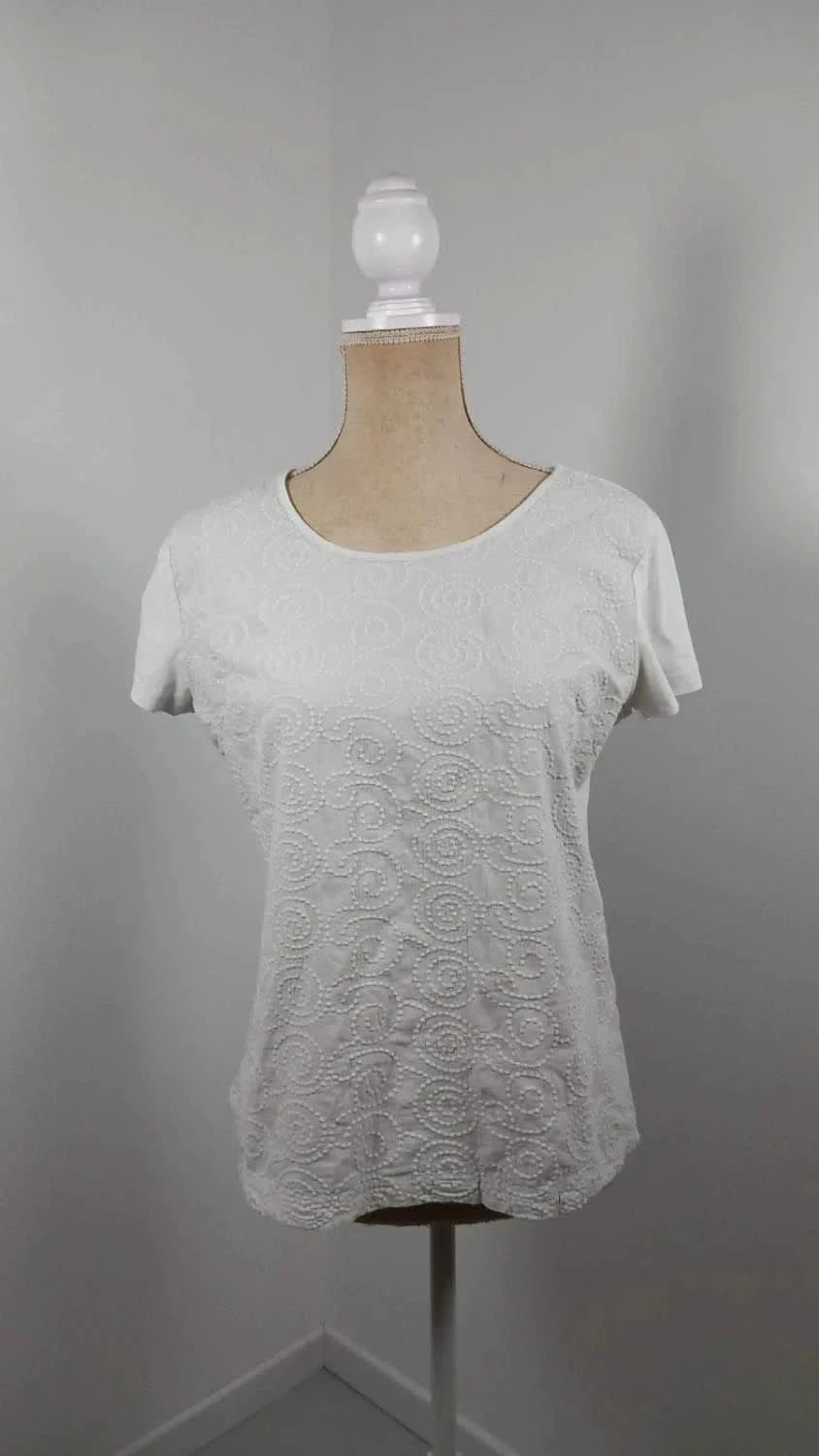 T-shirt ZAMBA Blanc Brodé Texturé Taille 3 (L) - Très Bon État - Chic & Bohème
