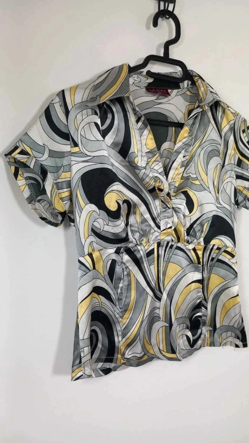 Haut Satiné la city Taille 2 – Top Vintage Imprimé Arabesques Jaune & Gris – La City – taille M / 38 / 10 2