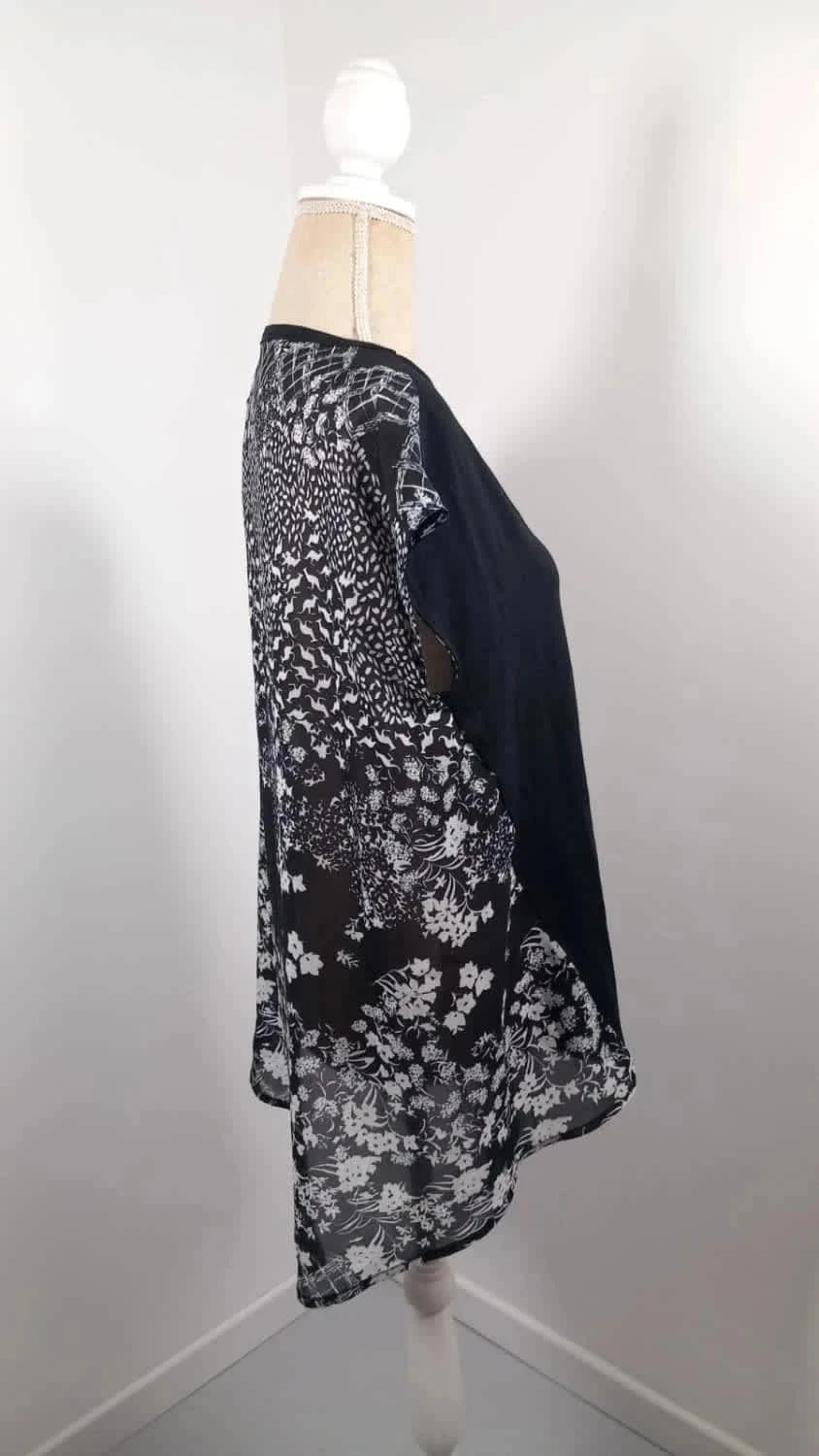 Haut Tanais Bi-Matière - Taille 42 - Noir & Imprimé Floral Blanc - Coupe Fluide Asymétrique – Tanaïs – taille XL / 42 / 14 4