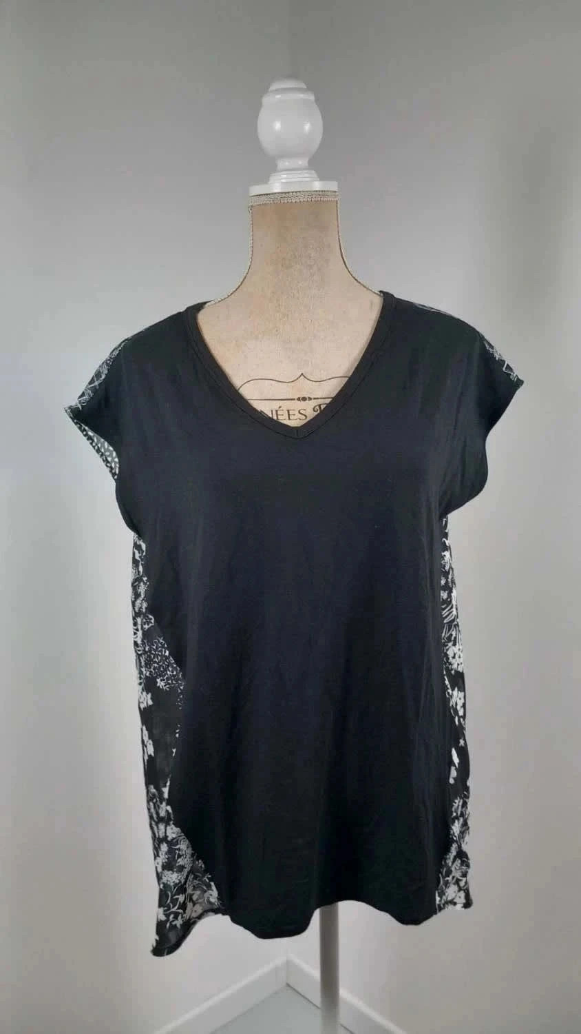 Haut Tanais Bi-Matière - Taille 42 - Noir & Imprimé Floral Blanc - Coupe Fluide Asymétrique