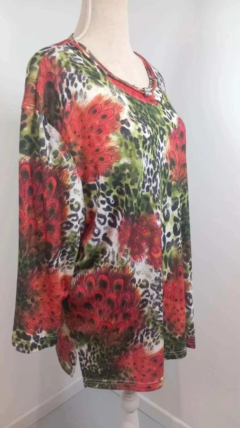 Pull Tunique Deluxe Stars T. 3XL (54) - NEUF - Imprimé Léopard & Plumes Paon – Vintage Dressing – taille 7XL / 54 / 26 5