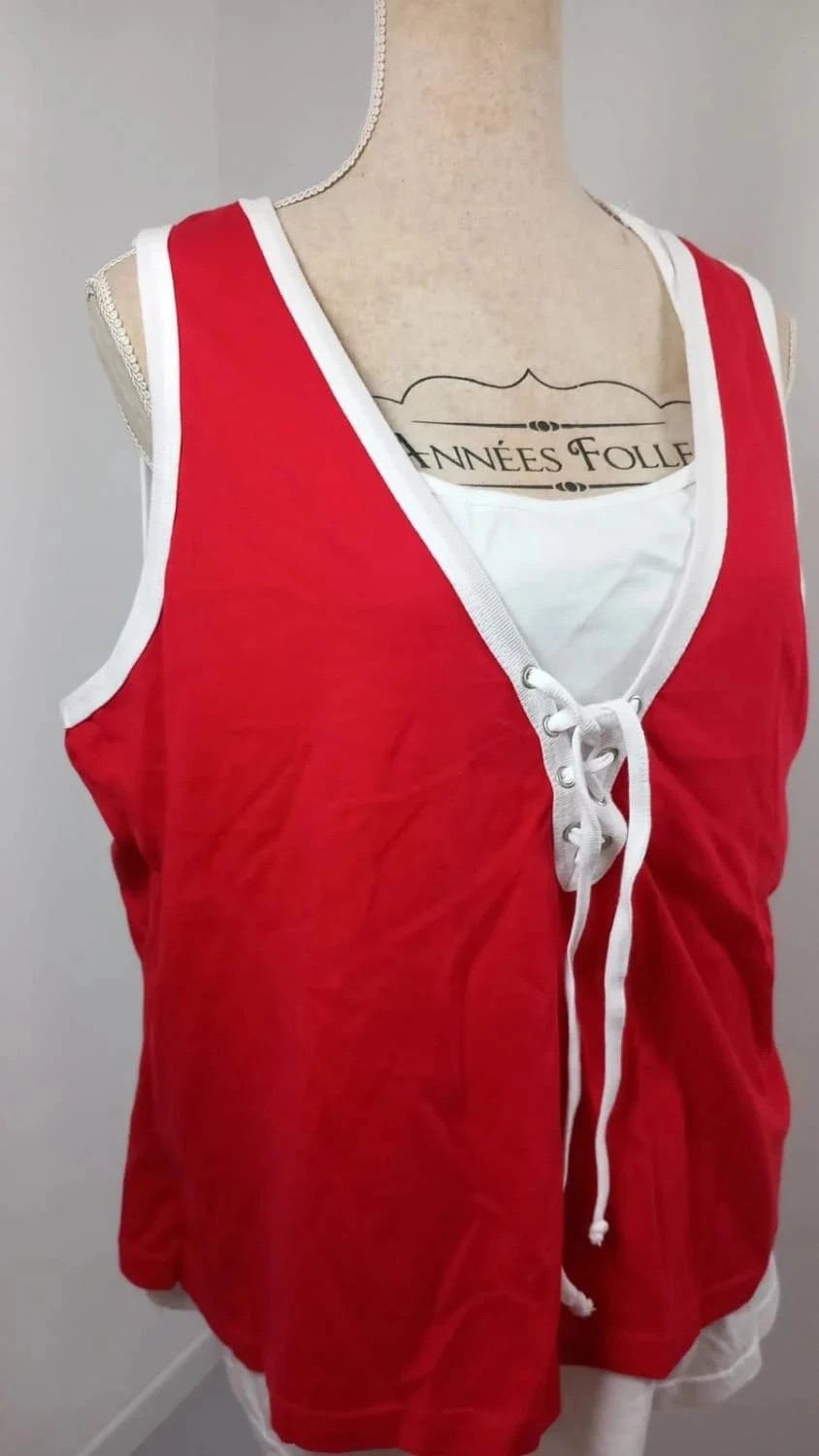 Top 2-en-1 bleu bonheur Neuf T56 – Débardeur Rouge & Blanc à Lacets – Style Sport-Chic Grande Taille – Bleu bonheur – taille 8XL / 56 / 28 2