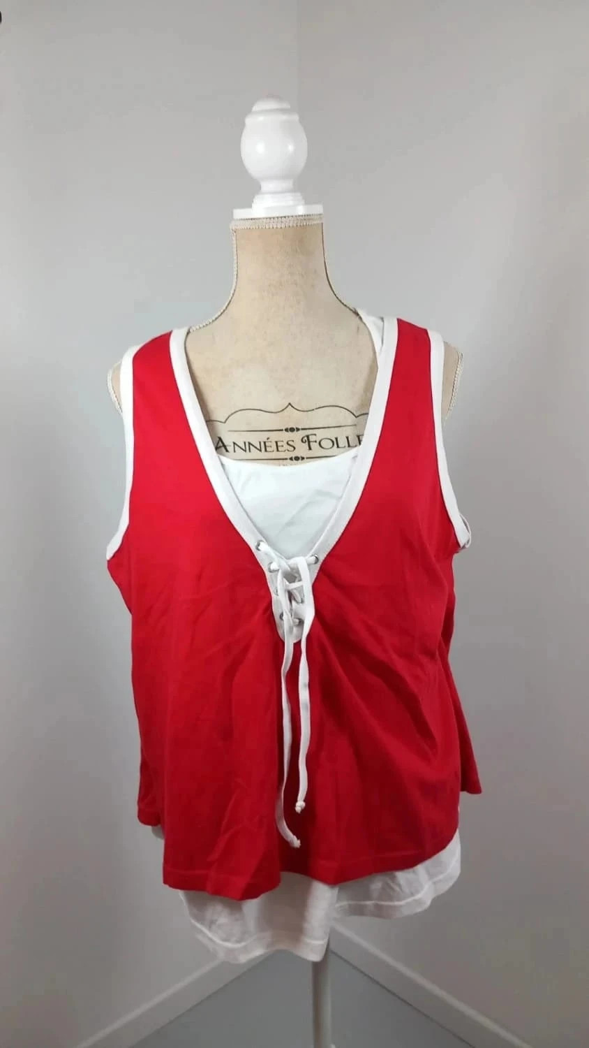 Top 2-en-1 bleu bonheur Neuf T56 – Débardeur Rouge & Blanc à Lacets – Style Sport-Chic Grande Taille