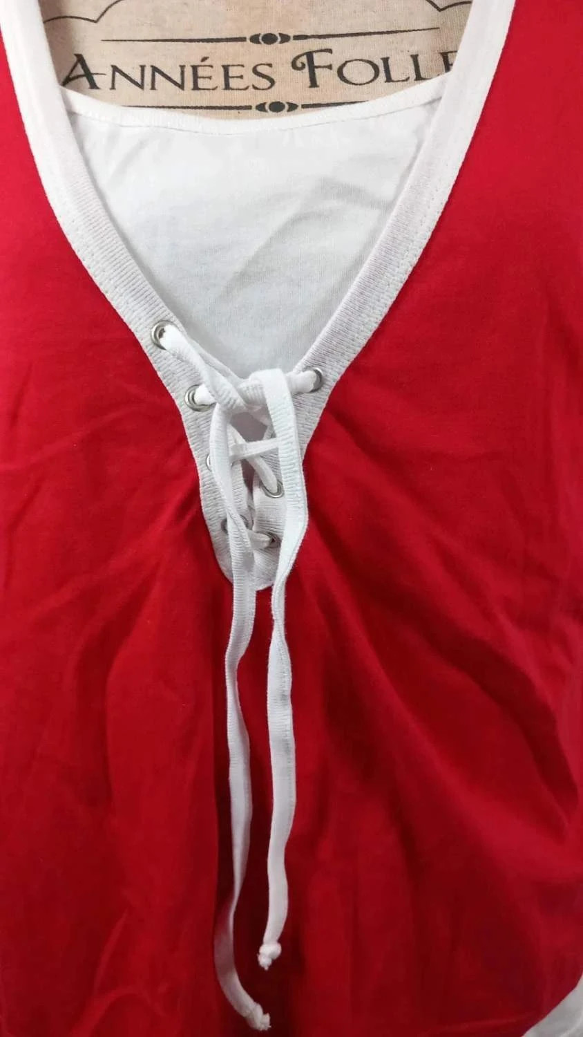 Top 2-en-1 bleu bonheur Neuf T56 – Débardeur Rouge & Blanc à Lacets – Style Sport-Chic Grande Taille – Bleu bonheur – taille 8XL / 56 / 28 3