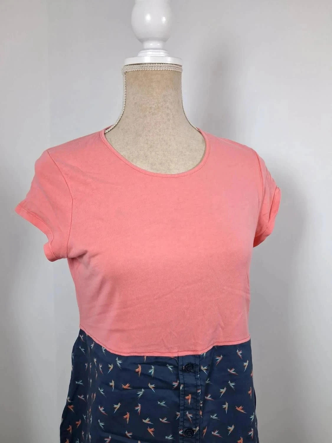 Tunique Longue Bi-matière Rose & Bleu Marine – Motif Oiseaux – Taille XL – Tendance – taille XL / 42 / 14 2
