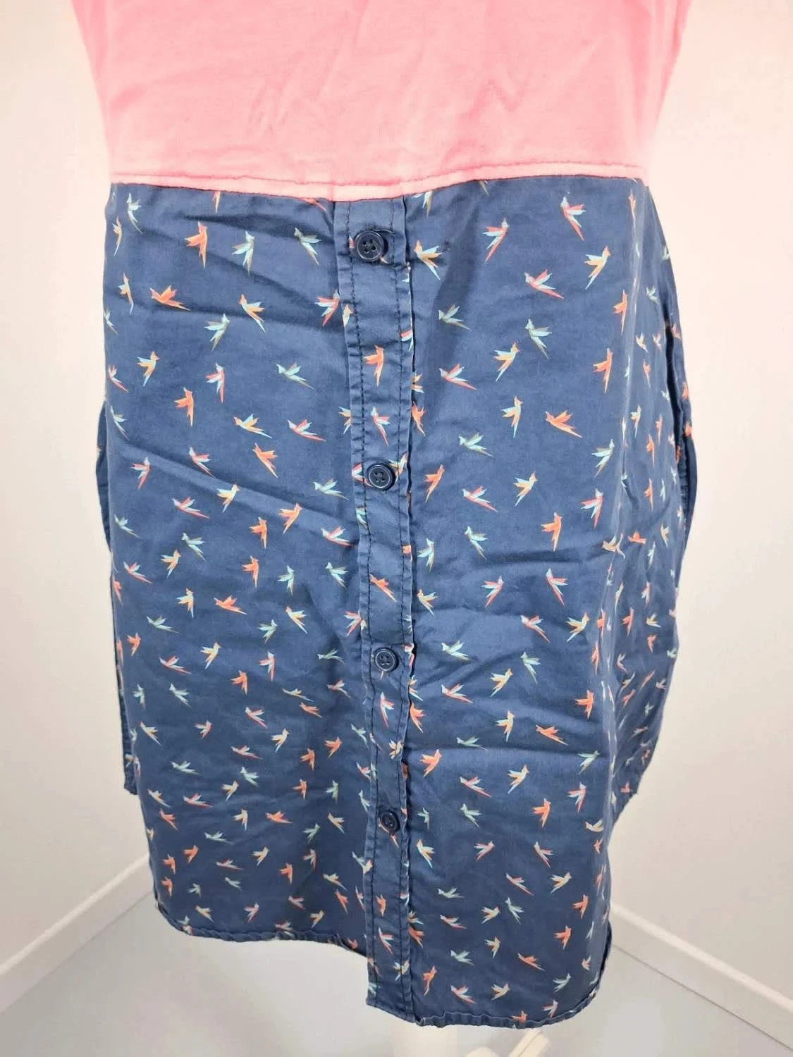 Tunique Longue Bi-matière Rose & Bleu Marine – Motif Oiseaux – Taille XL – Tendance – taille XL / 42 / 14 3