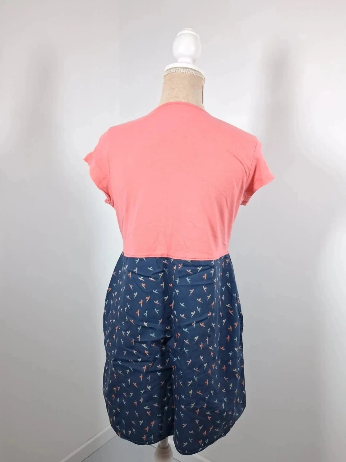 Tunique Longue Bi-matière Rose & Bleu Marine – Motif Oiseaux – Taille XL – Tendance – taille XL / 42 / 14 4