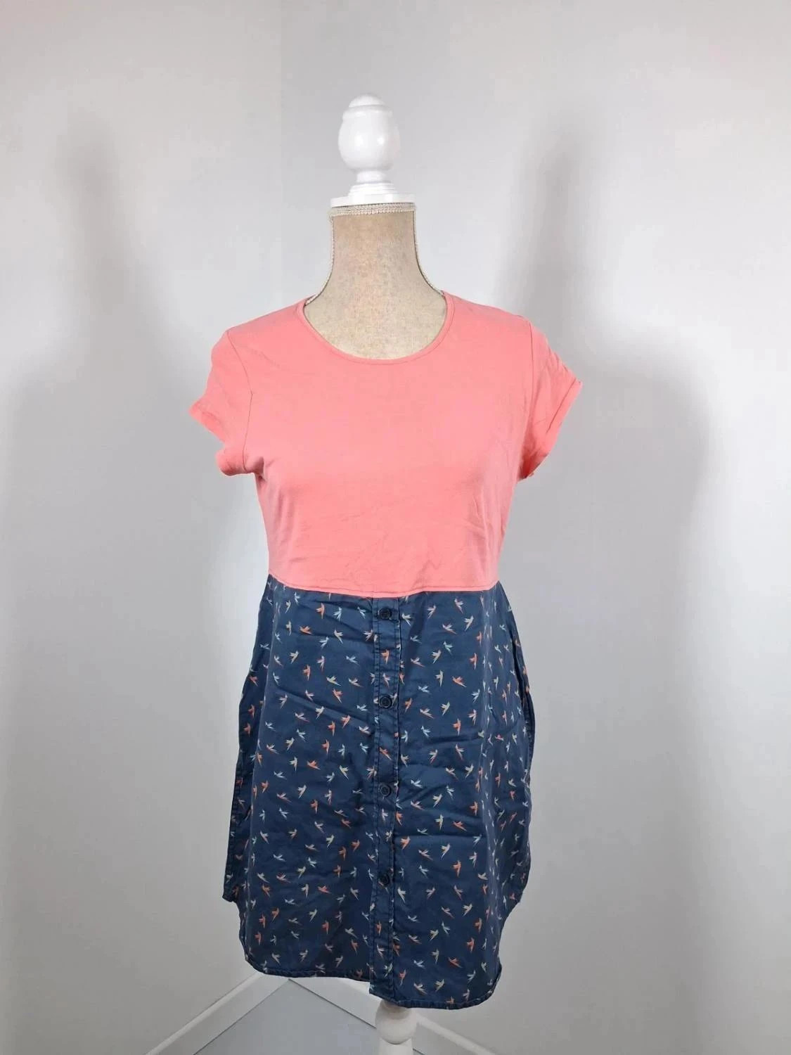Tunique Longue Bi-matière Rose & Bleu Marine – Motif Oiseaux – Taille XL – Tendance – taille XL / 42 / 14