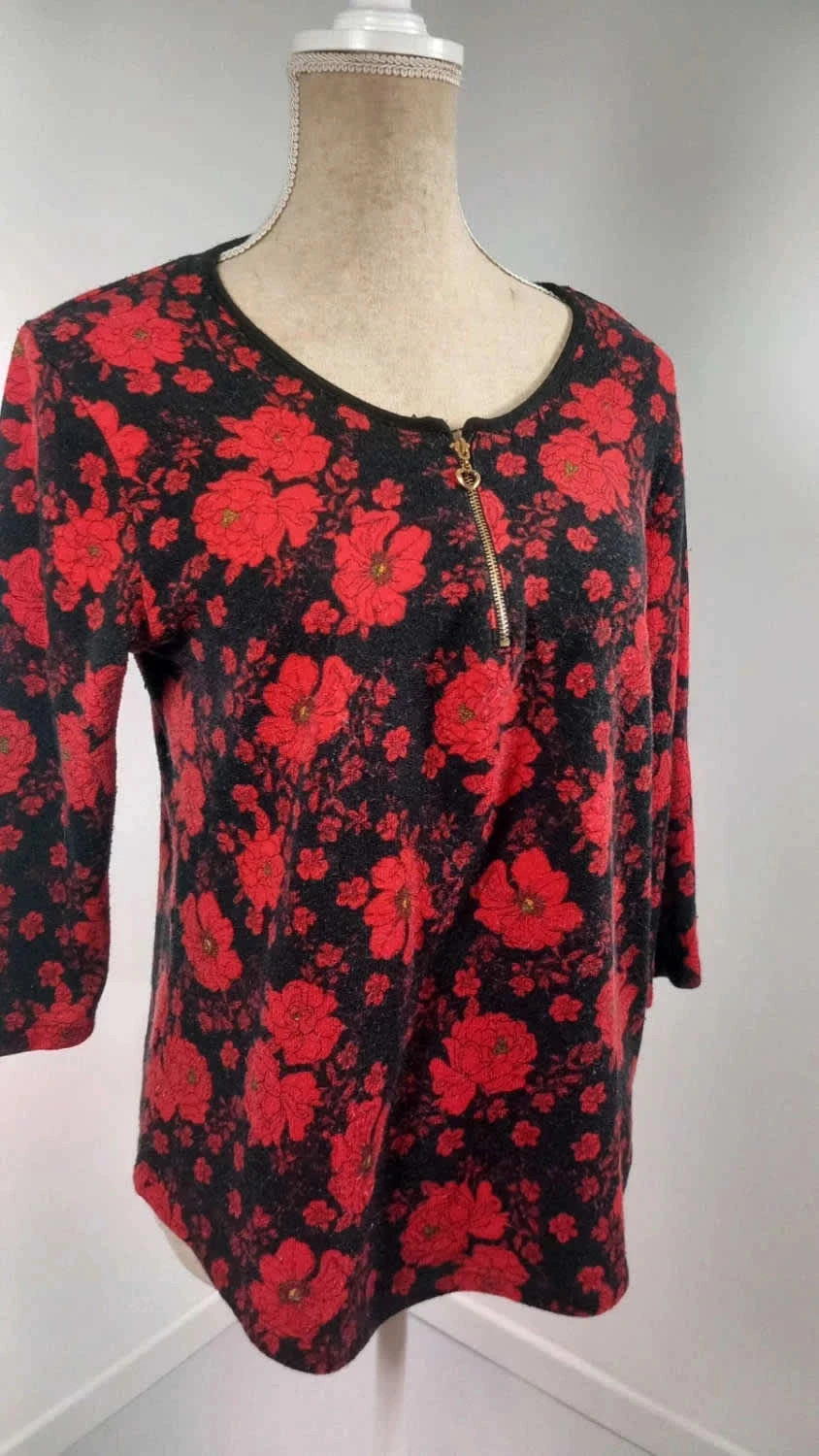 Pull Léger Floral Noir & Rouge – Détail Zip Cœur – Taille 3 (L) – taille L / 40 / 12 2