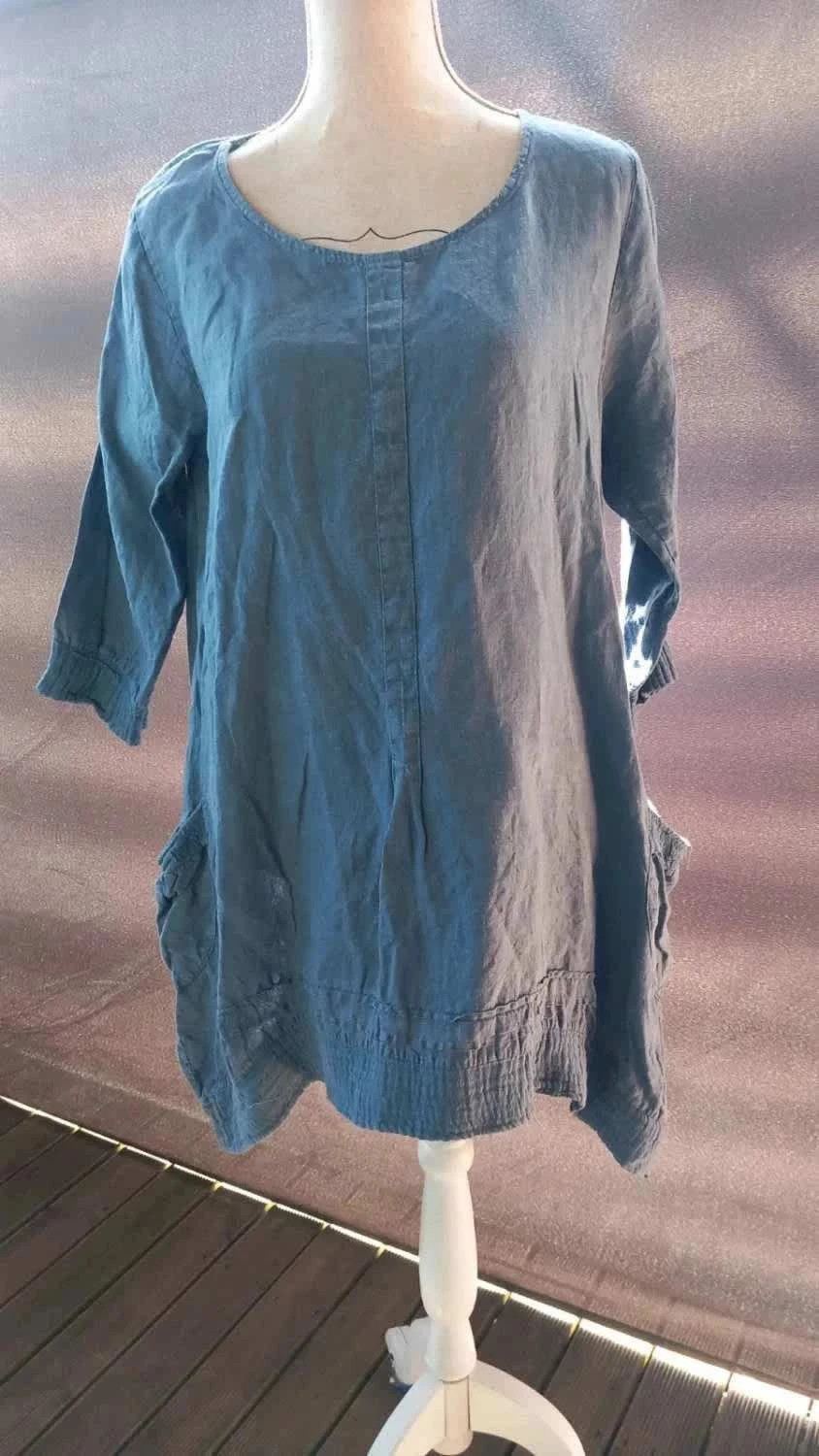 Robe Tunique 100% Lin – Bleu Indigo & Style Bohème taille 42 – 100% Lin Blanc – taille XL / 42 / 14 2