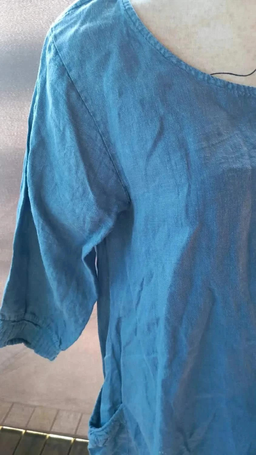 Robe Tunique 100% Lin – Bleu Indigo & Style Bohème taille 42 – 100% Lin Blanc – taille XL / 42 / 14 4