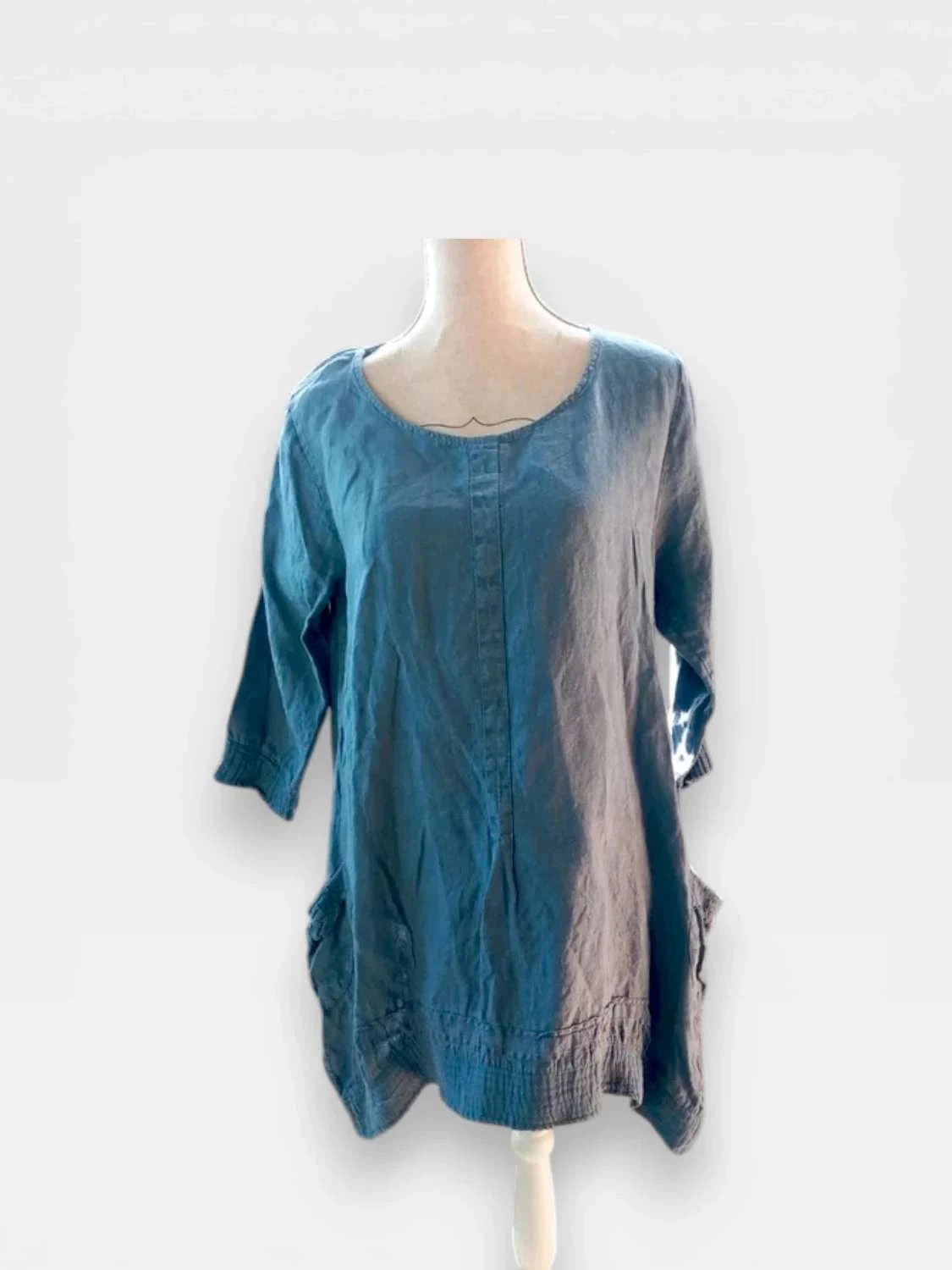Robe Tunique 100% Lin – Bleu Indigo & Style Bohème taille 42 – 100% Lin Blanc – taille XL / 42 / 14