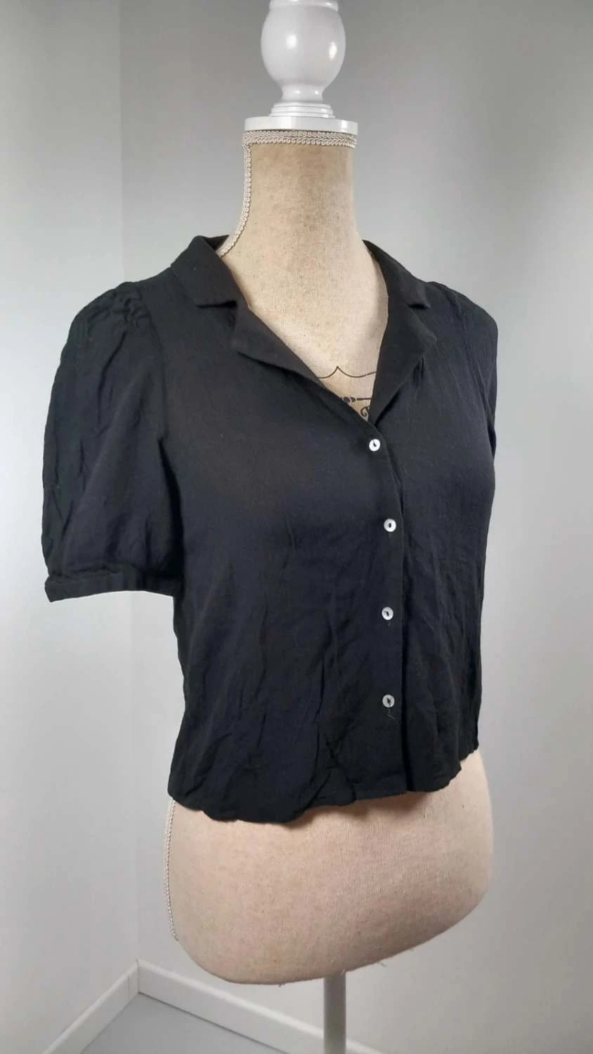 Top Zara Noir Fluide Style Rétro - Taille XS - Col Revers & Manches Bouffantes – Zara – taille XS / 34 / 6 2