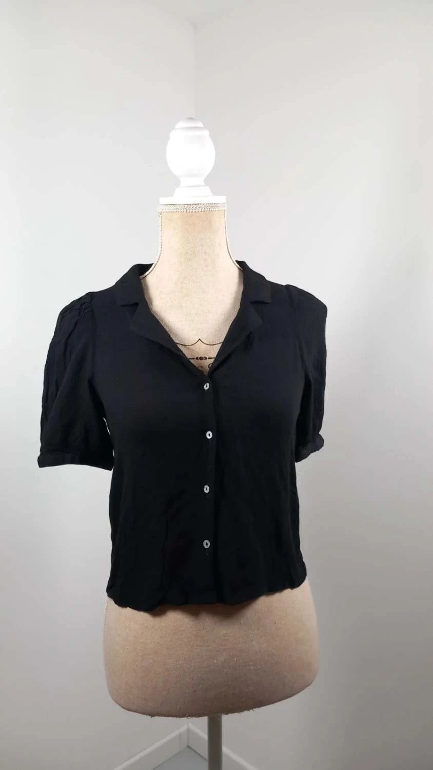 Top Zara Noir Fluide Style Rétro - Taille XS - Col Revers & Manches Bouffantes – Zara – taille XS / 34 / 6