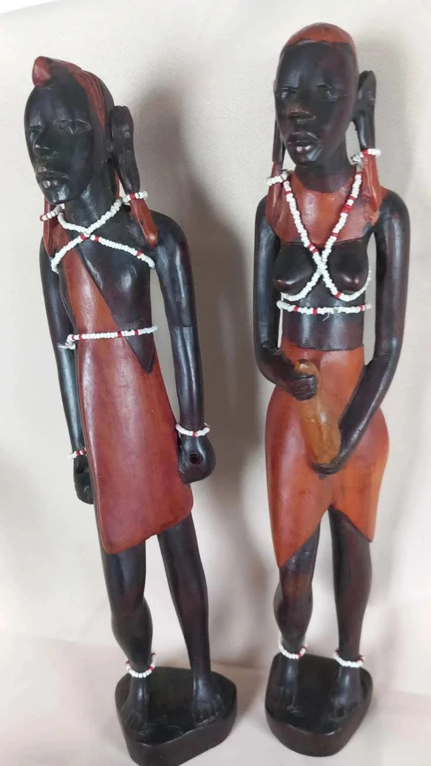 🌍 Lot 2 Statuettes Africaines Masaï en Bois Sculpté - 31 cm 🌍 2