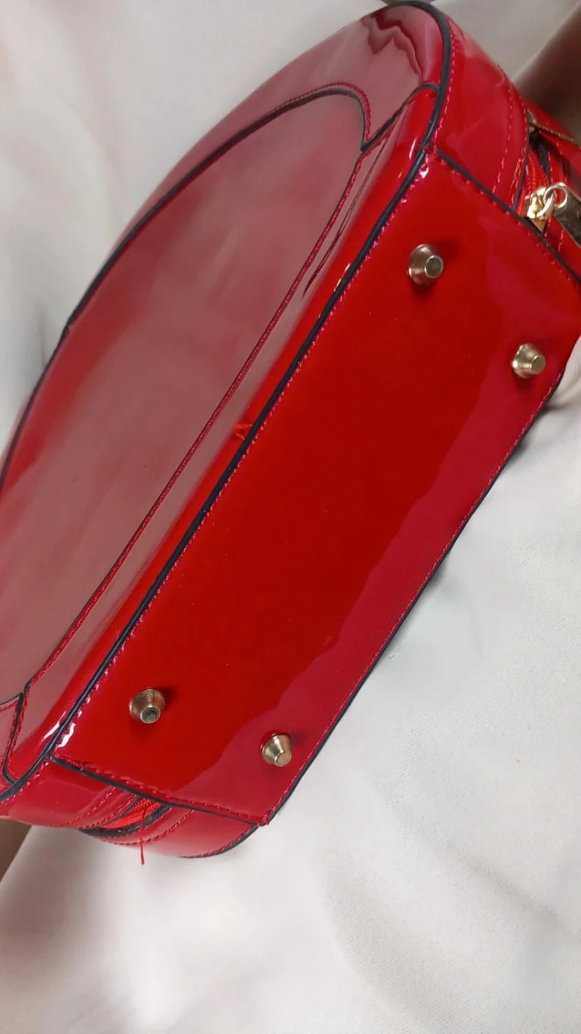Sac à Main Cabas Rond Géométrique Rouge Verni - Neuf 5