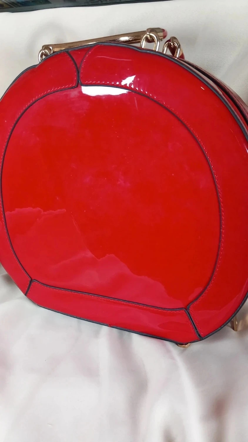 Sac à Main Cabas Rond Géométrique Rouge Verni - Neuf 4