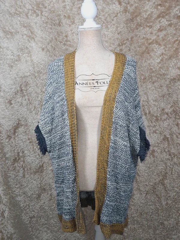 Gilet long Bonobo Jeans taille S chiné gris écru à franges moutarde