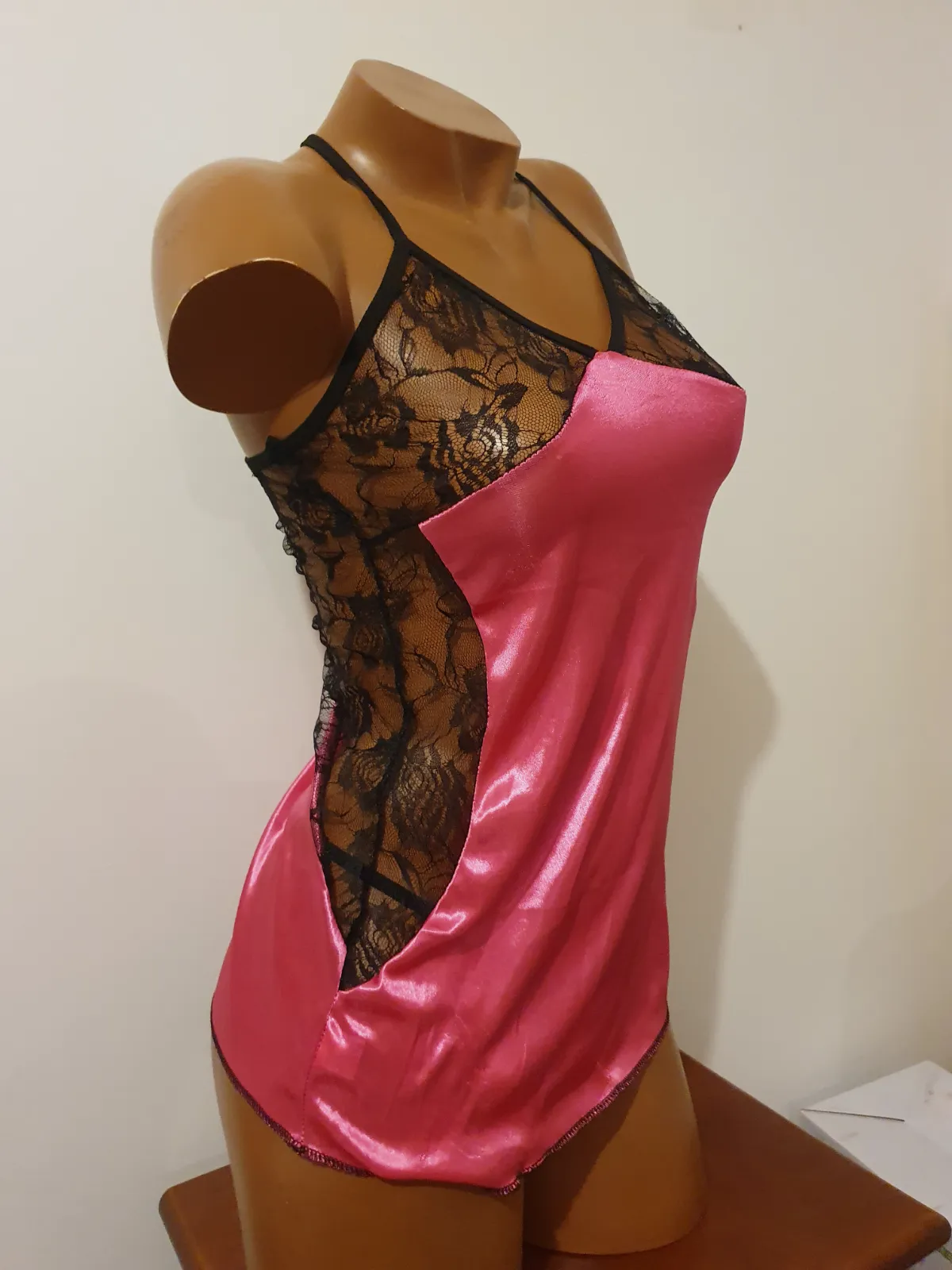 Nuisette satin rose et dentelle noire – Sans marque – taille L 3