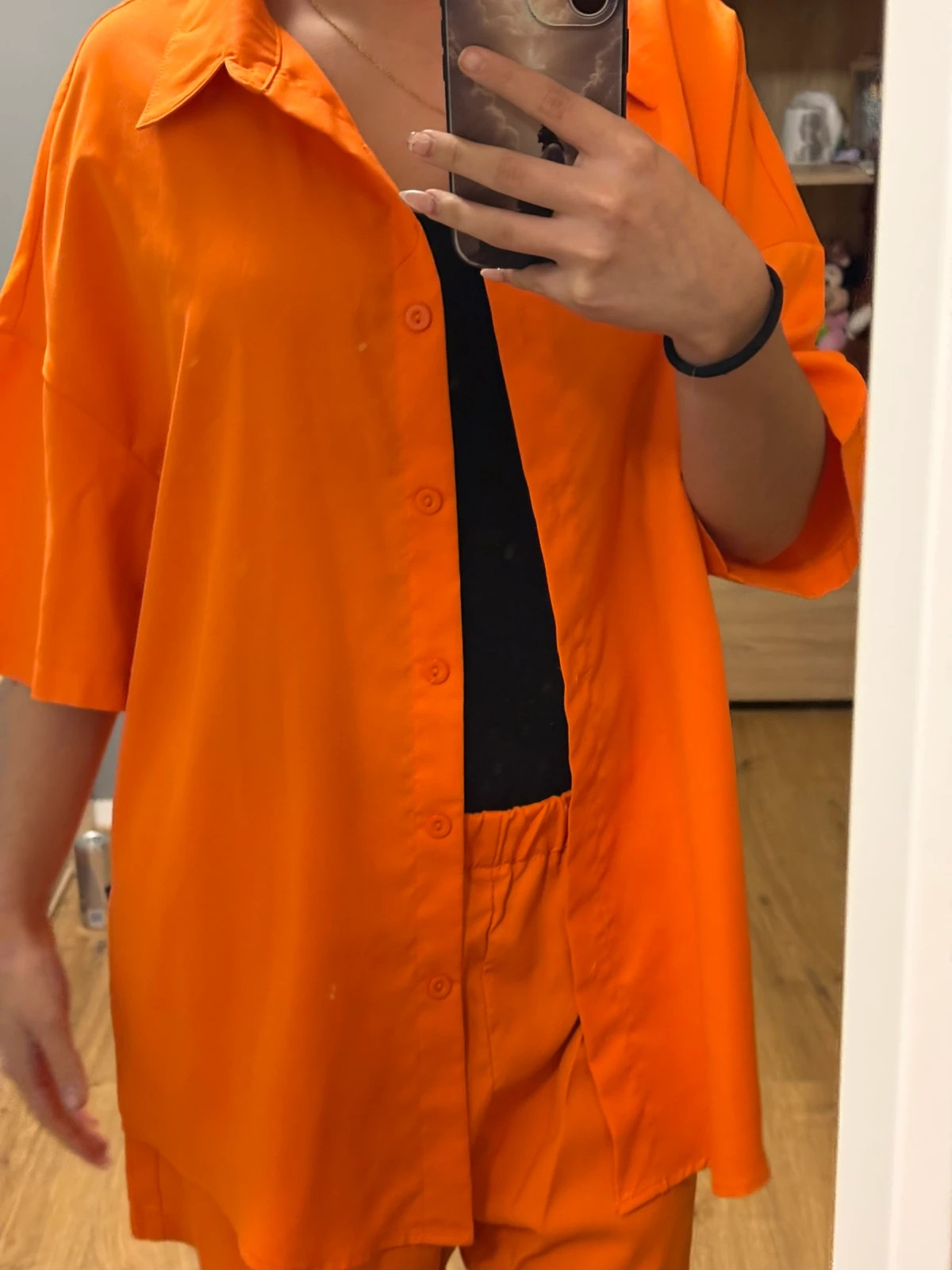 Ensemble chemise à épaules tombantes orange néon avec boutons et short – Shein – taille S / 36 / 8 2