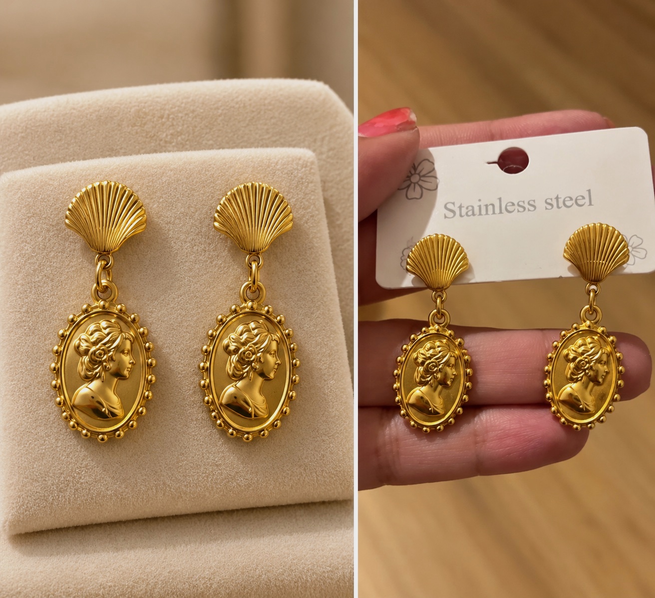 Boucles d'oreilles pendantes camée dorées en acier