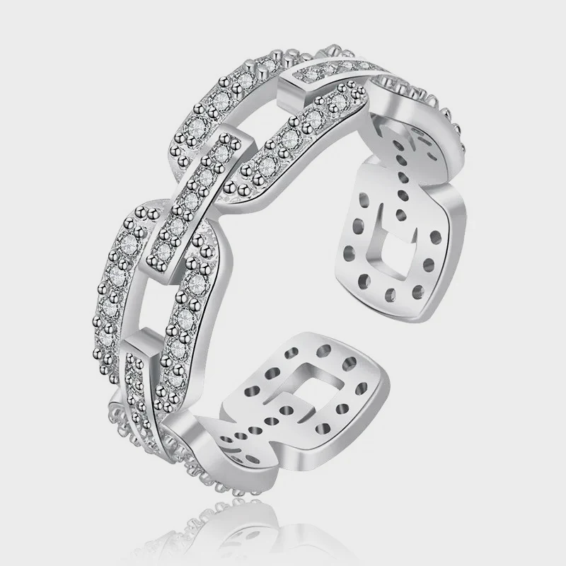 Bague chaîne ajustable en strass argentée
