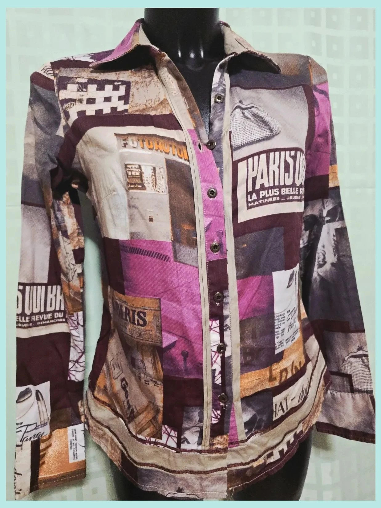 Vintage Paris Graphic Patchwork Blouse 100% algodón – Vintage Dressing – taille L / 40 / 12 2