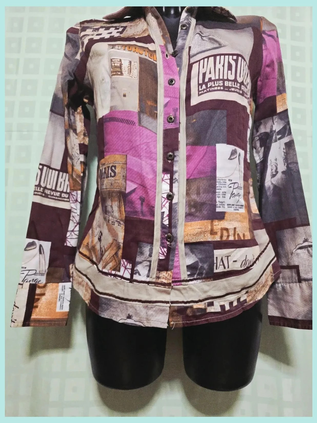 Vintage Paris Graphic Patchwork Blouse 100% algodón – Vintage Dressing – taille L / 40 / 12 3