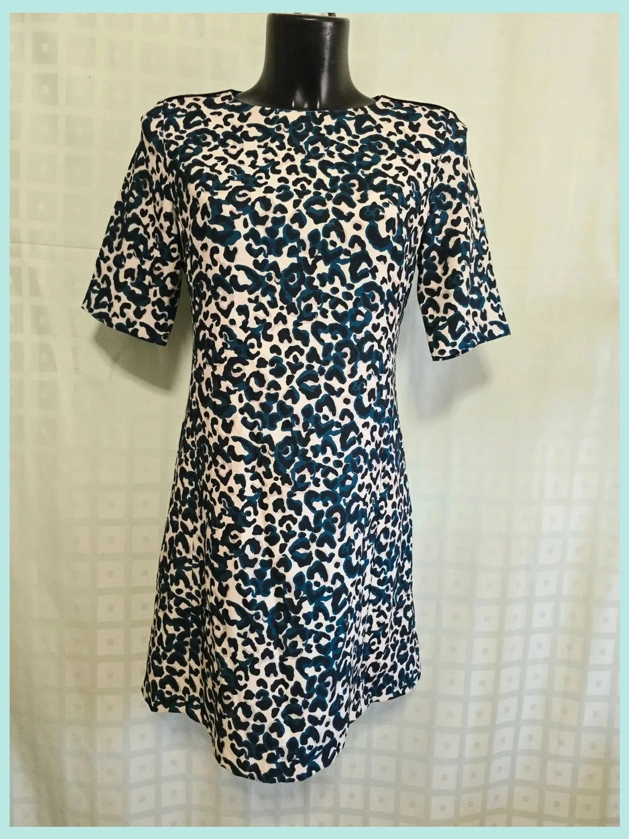 Navy Cream Leopard Print Shift Dress – Merletti – taille L / 40 / 12 2