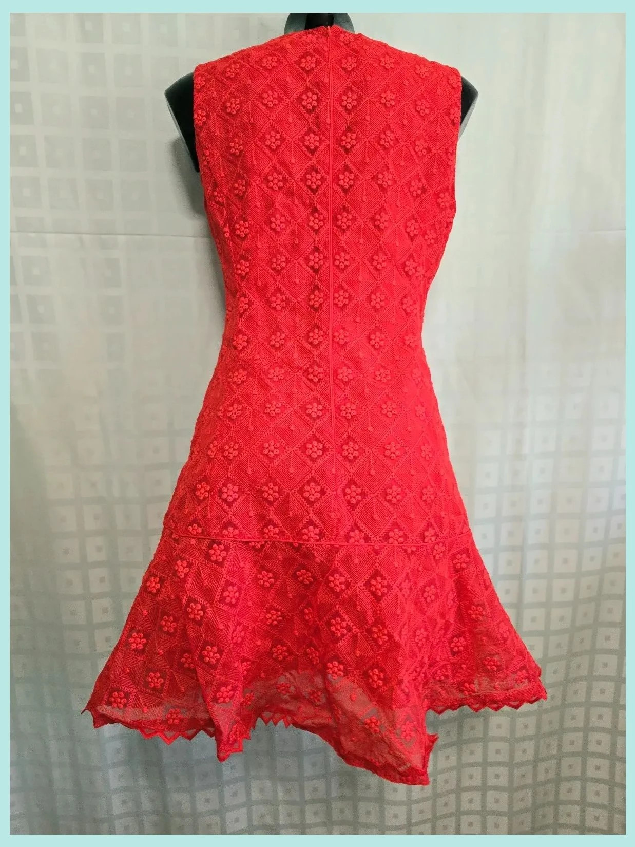 Red Geometric Lace Asymmetric Hem Dress – PEACEBIRD – taille L / 40 / 12 4