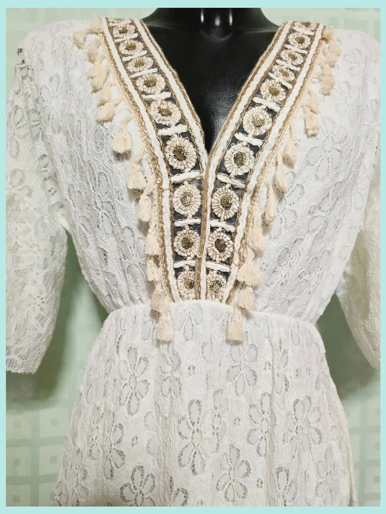 White Lace Boho Tassel V-Neck Dress Bust 120 cm – Vestidor Vintage – taille Autre 4