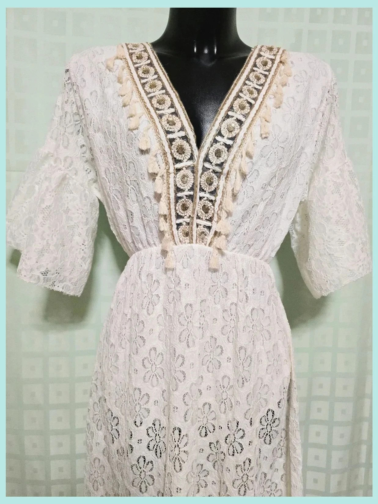 White Lace Boho Tassel V-Neck Dress Bust 120 cm – Vestidor Vintage – taille Autre 2