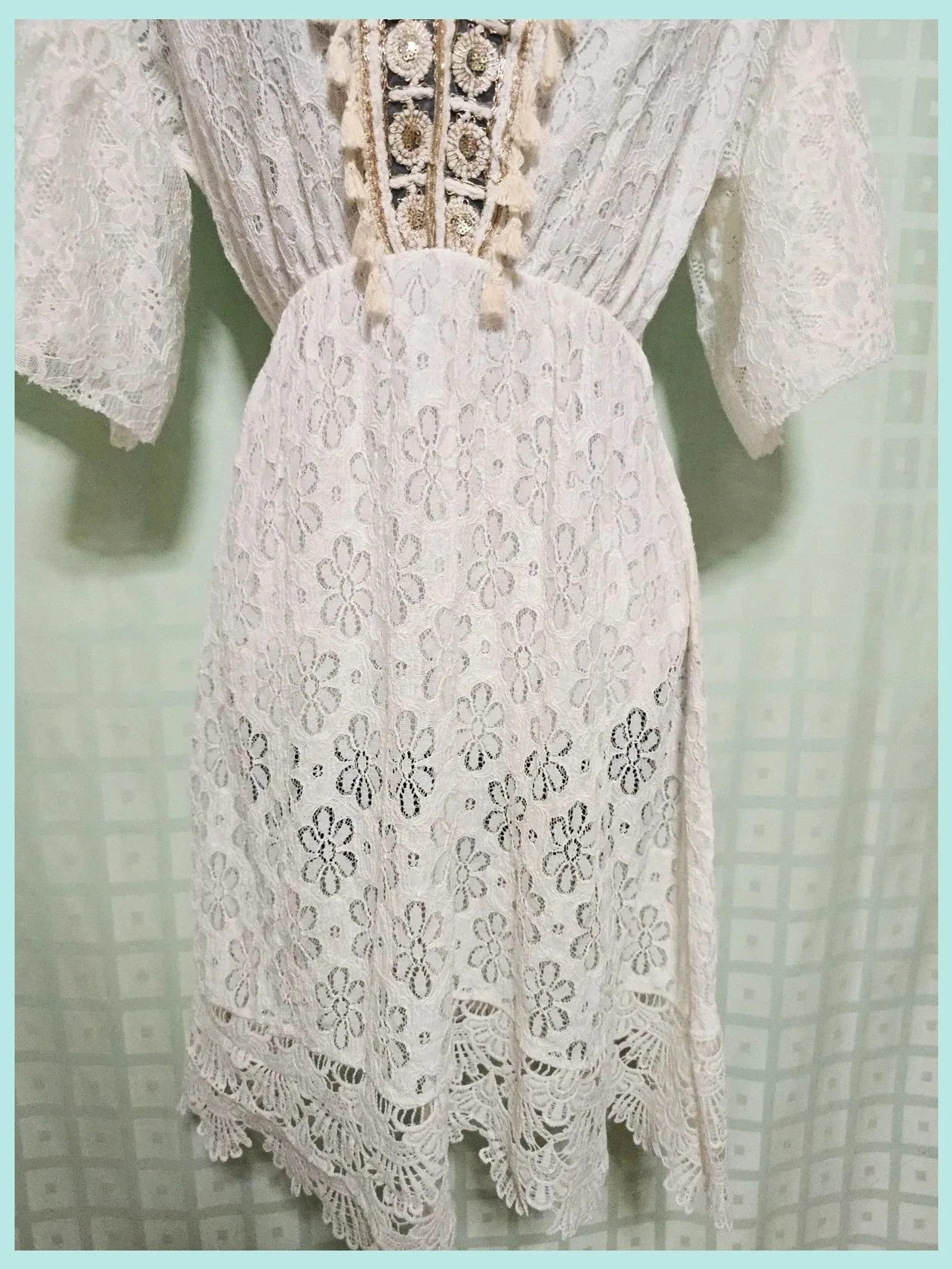 White Lace Boho Tassel V-Neck Dress Bust 120 cm – Vestidor Vintage – taille Autre 3