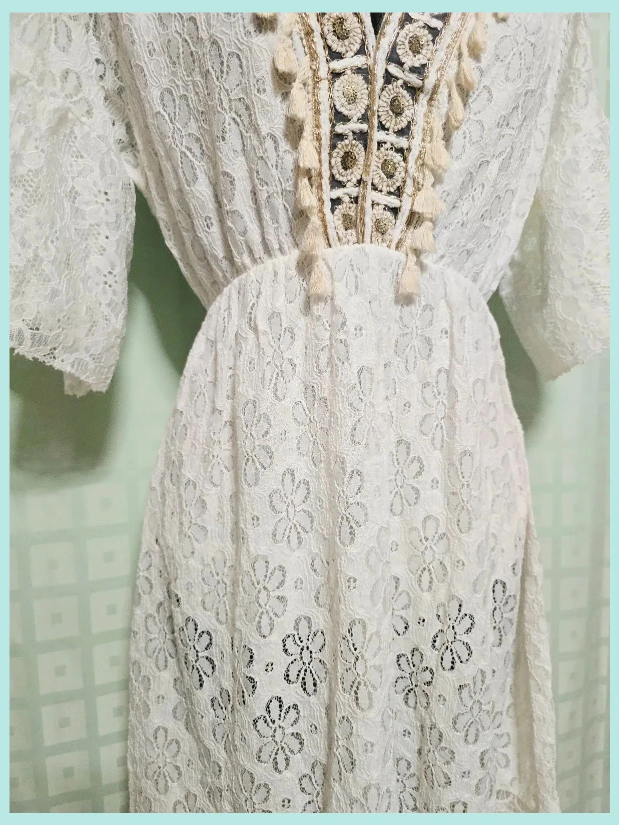 White Lace Boho Tassel V-Neck Dress Bust 120 cm – Vestidor Vintage – taille Autre 5