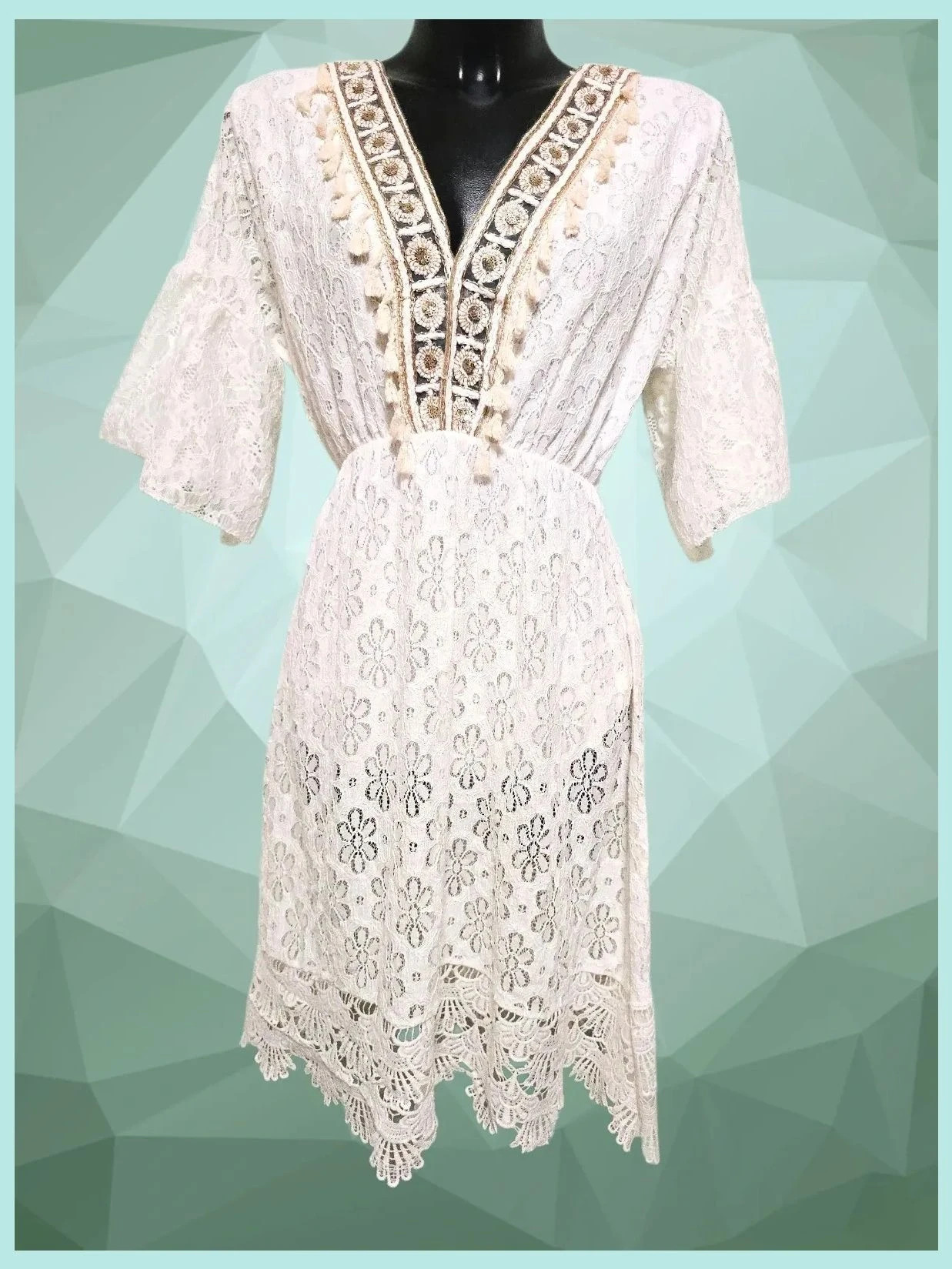 White Lace Boho Tassel V-Neck Dress Bust 120 cm