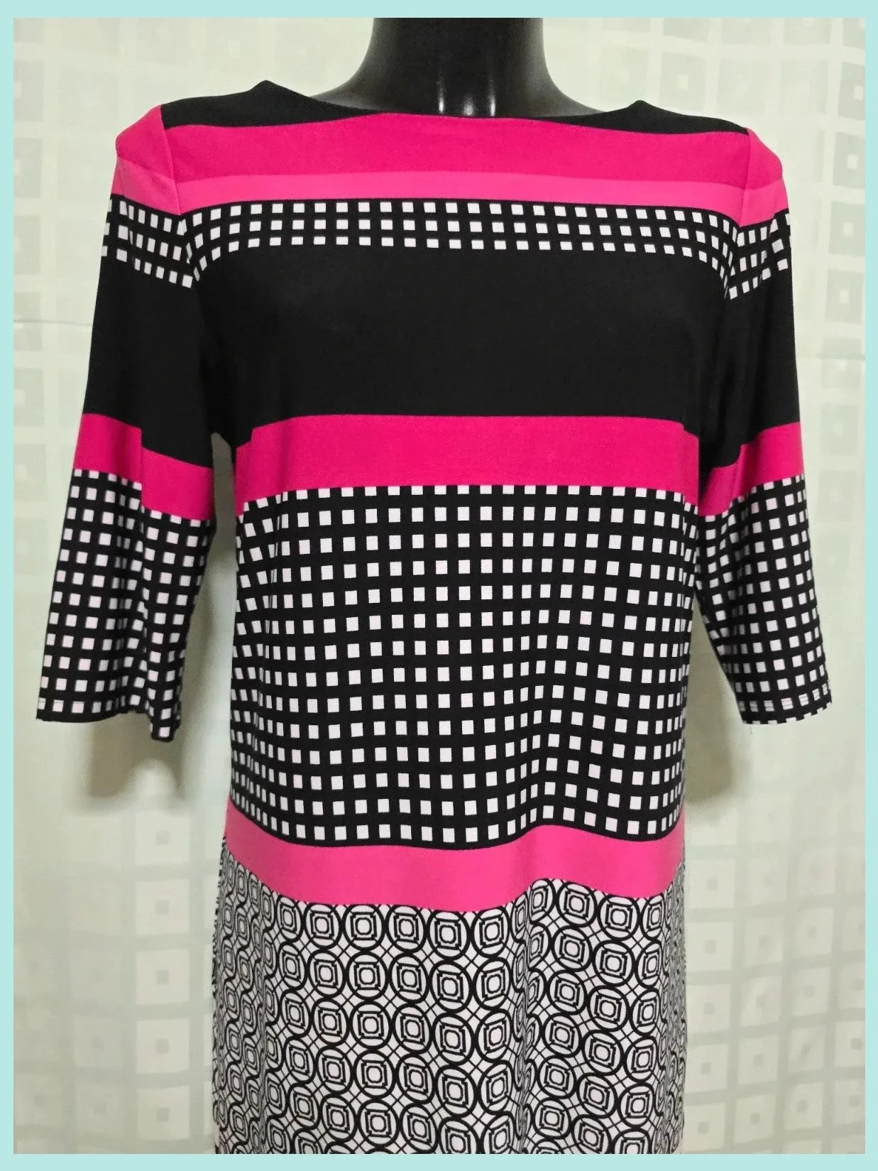 Pink Black Geometric Print Shift Dress – Sandra Darren – taille M / 38 / 10 2