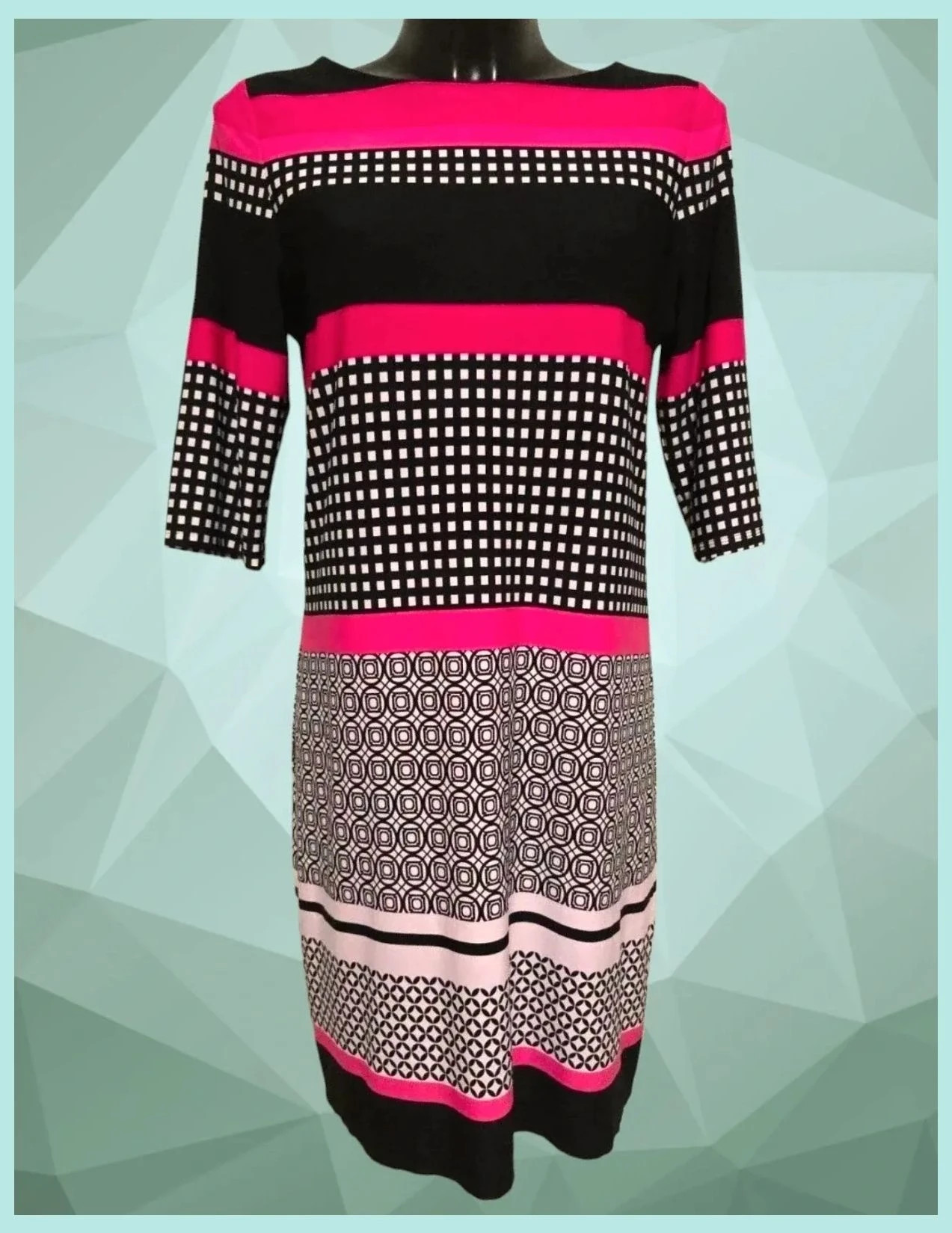 Pink Black Geometric Print Shift Dress – Sandra Darren – taille M / 38 / 10