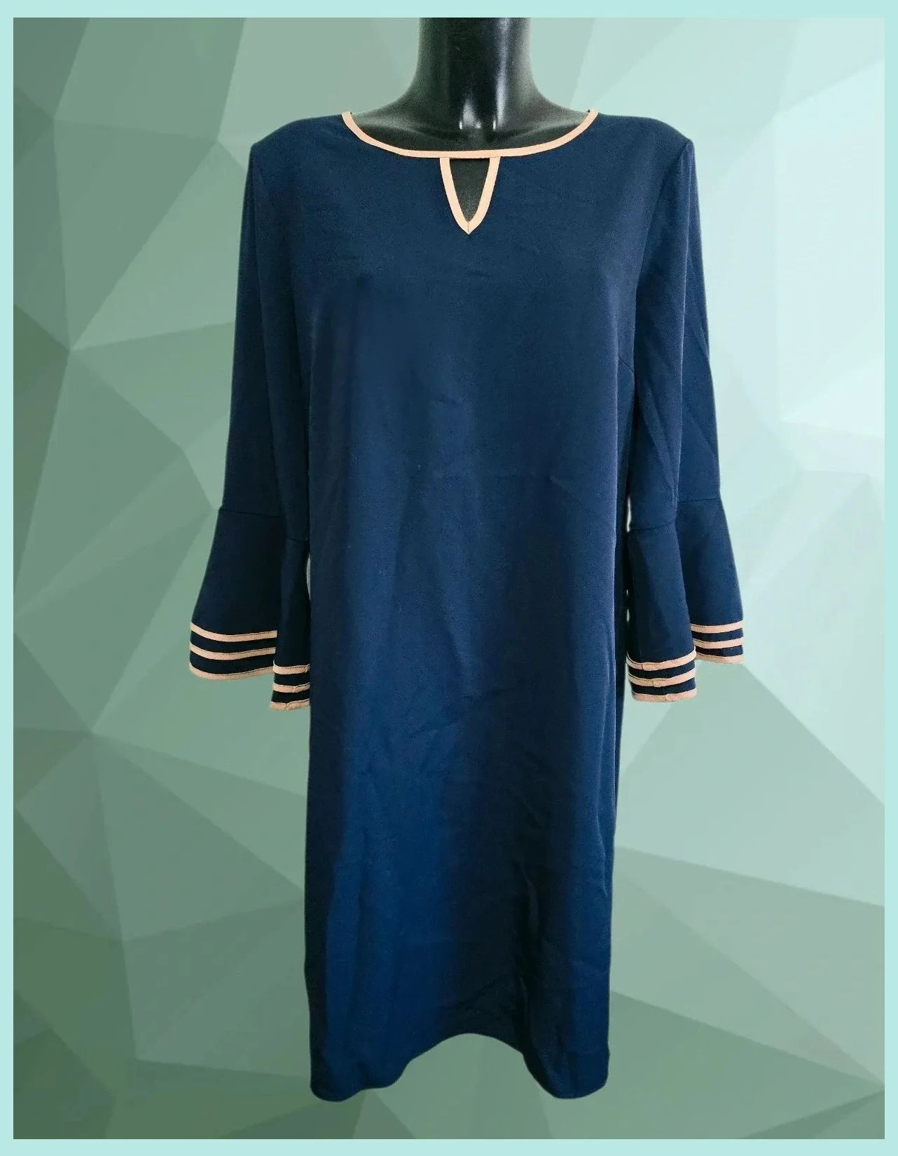 Navy Bell Sleeve Contrast Trim Dress