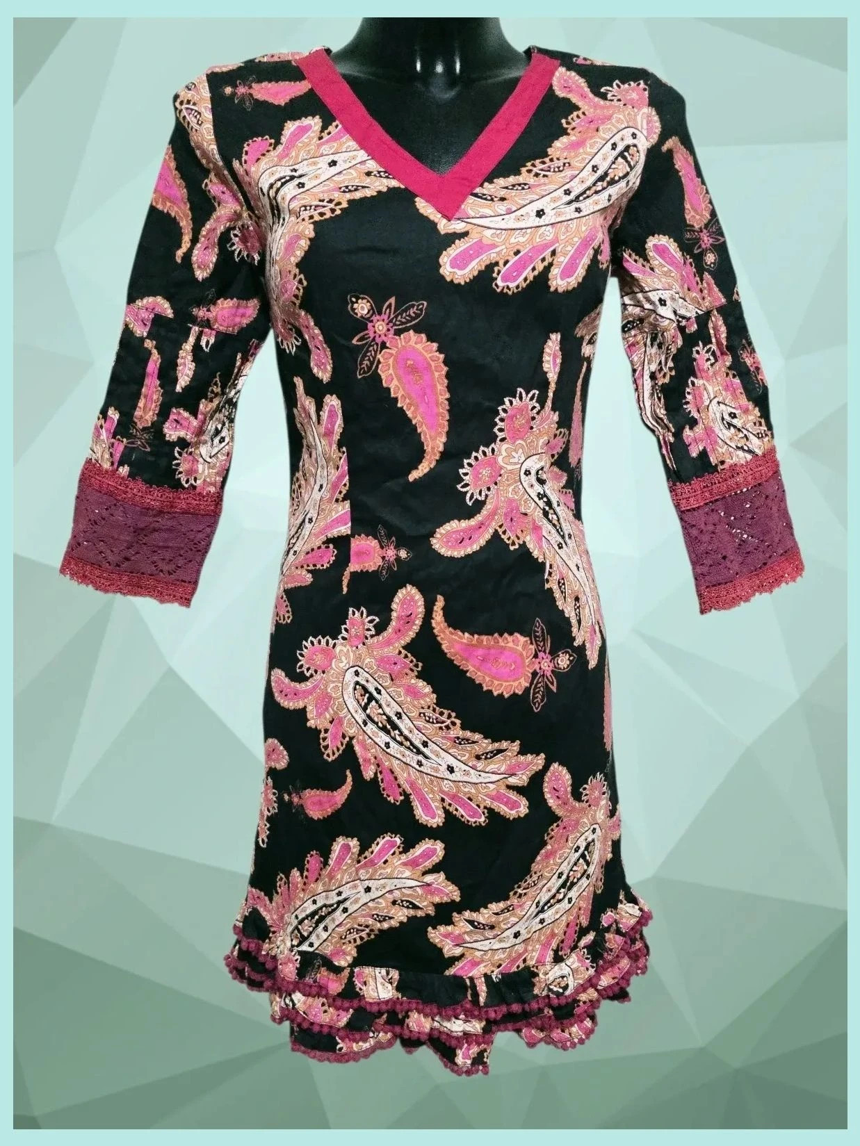 Black Pink Paisley Lace Trim Mini Dress