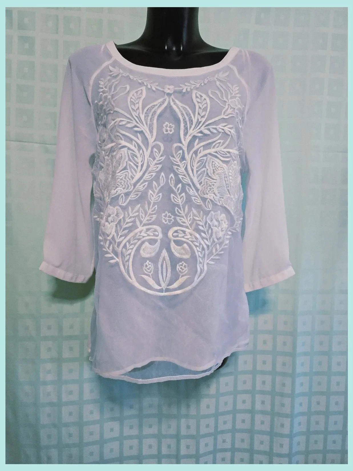Blusa Blanca Semitransparente Bordada Estilo Bohemio – H&M – taille XL / 42 / 14