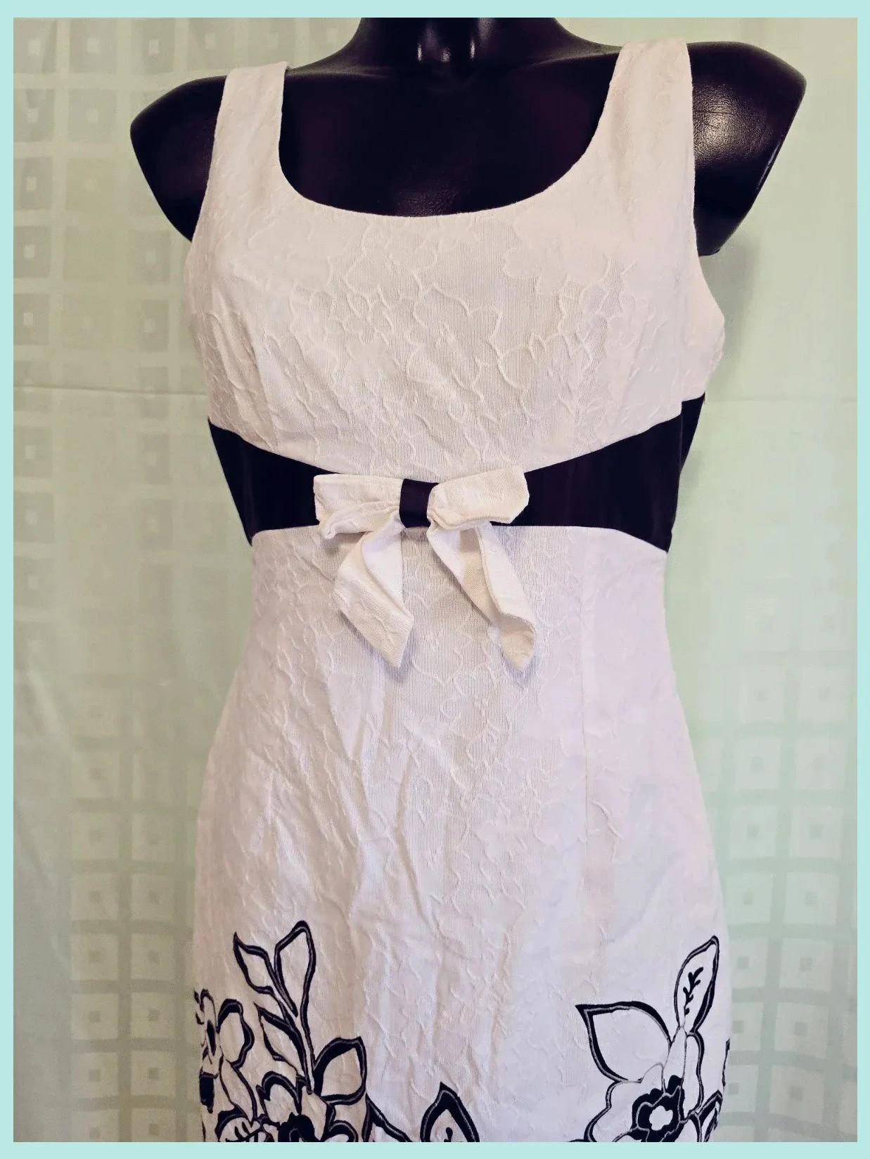 White Lace Texture Dress Black Floral Embroidery Bow Belt Summer Midi – Vintage Dressing – taille Taille unique 2