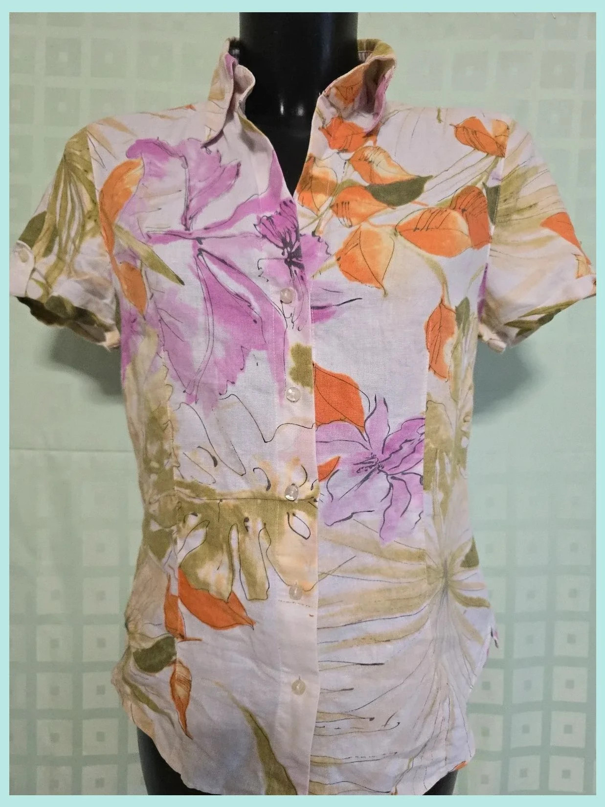 Watercolor Floral Linen Button-Up Blouse – Taifun – taille XL / 42 / 14 2
