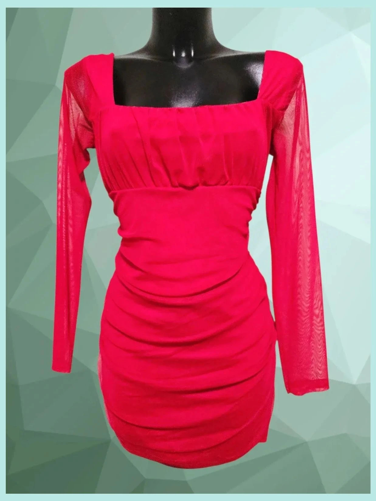 Red Mesh Square Neck Mini Dress