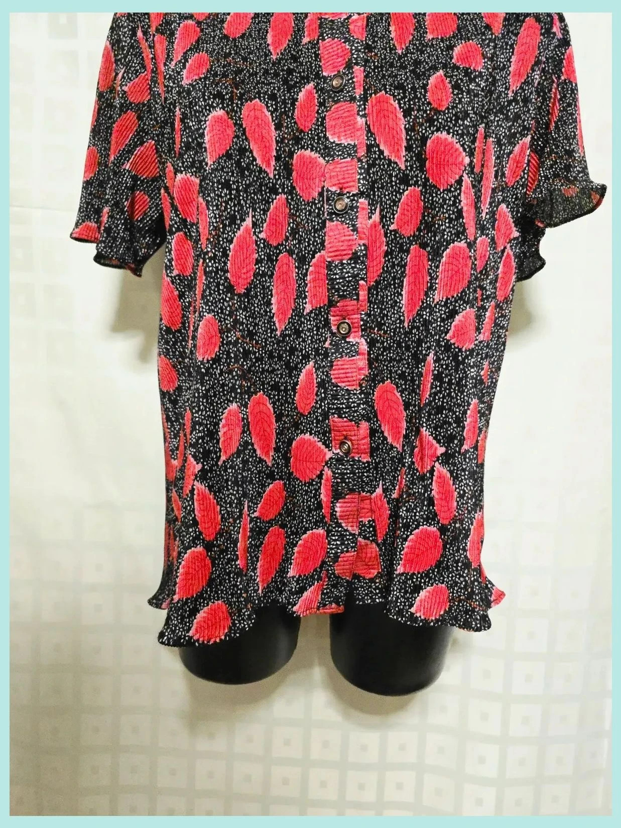 Red Leaf Print Pleated Button Blouse – Vestidor Vintage – taille 4XL / 48 / 20 3