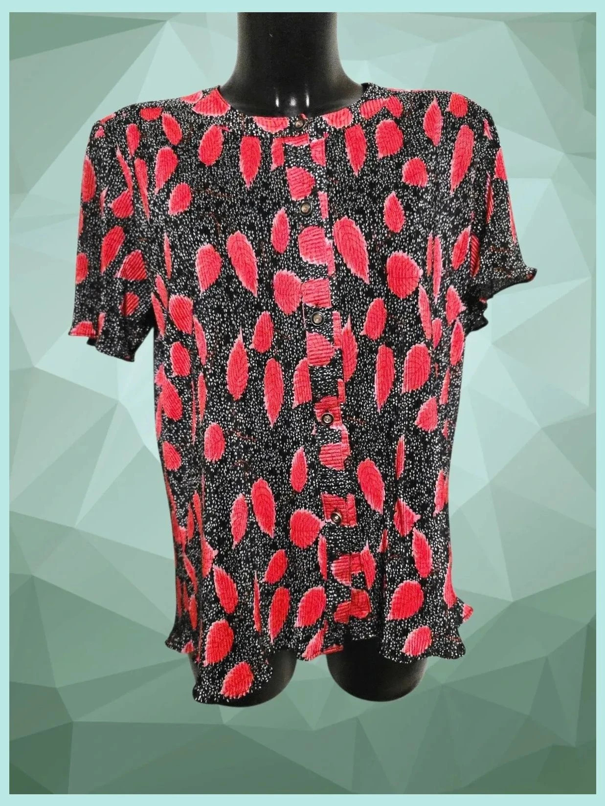 Red Leaf Print Pleated Button Blouse